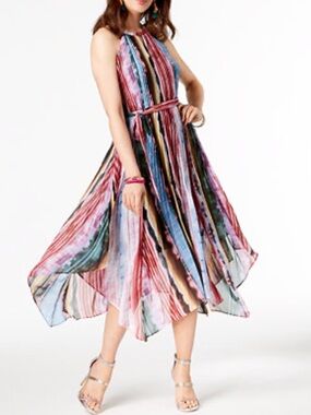 INC International Concepts Multicolor Striped Asymmetrical Halter Midi Dress